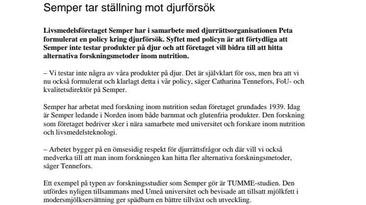 ​Semper tar ställning mot djurförsök