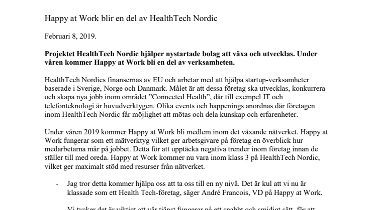 Happy at Work blir en del av HealthTech Nordic