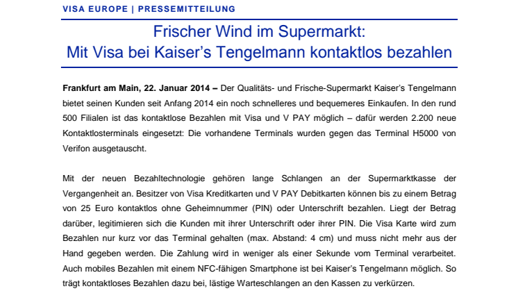 Frischer Wind im Supermarkt: Mit Visa bei Kaiser’s Tengelmann kontaktlos bezahlen
