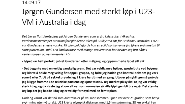Jørgen Gundersen med sterkt løp i U23-VM i Australia i dag