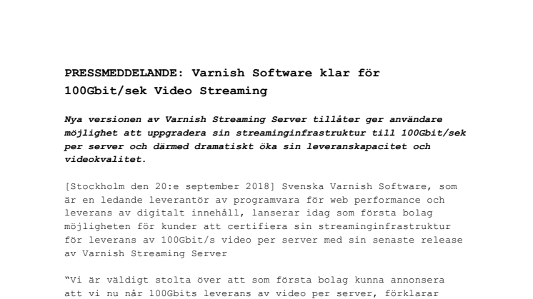 PRESSMEDDELANDE: Varnish Software klar för 100Gbit/sek Video Streaming