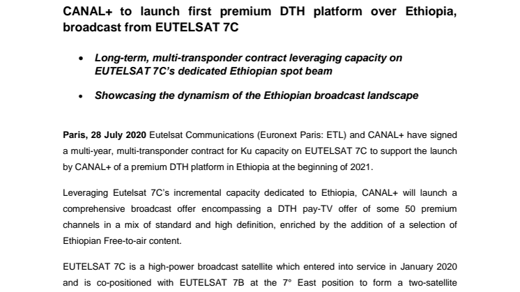 CANAL+ to launch first premium DTH platform over Ethiopia, broadcast from EUTELSAT 7C 