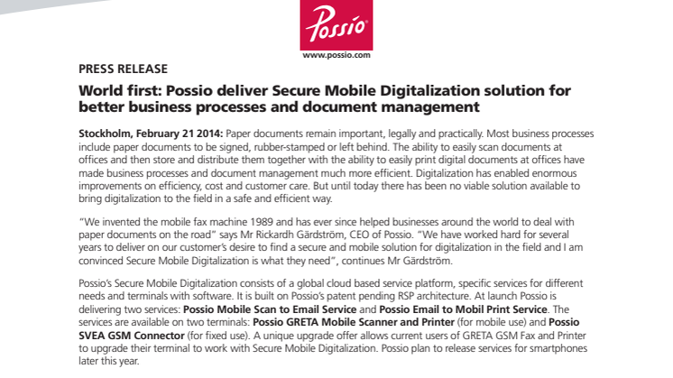 World first: Possio deliver Secure Mobile Digitalization solution for better business processes and document management 