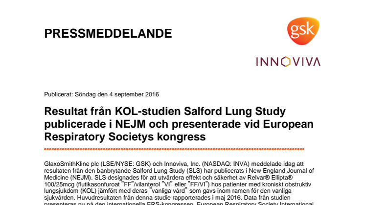 Resultat från KOL-studien Salford Lung Study publicerade i NEJM och presenterade vid European Respiratory Societys kongress