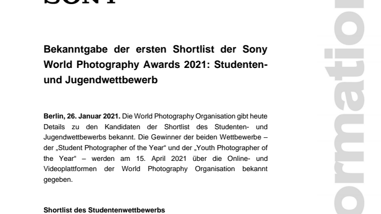 Bekanntgabe der ersten Shortlist der Sony World Photography Awards 2021: Studenten- und Jugendwettbewerb