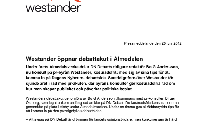 Westander öppnar debattakut i Almedalen