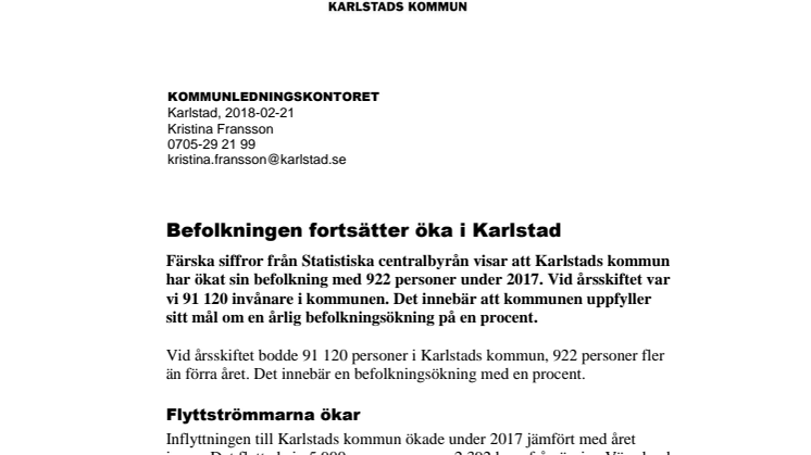 ​Befolkningen fortsätter öka i Karlstad