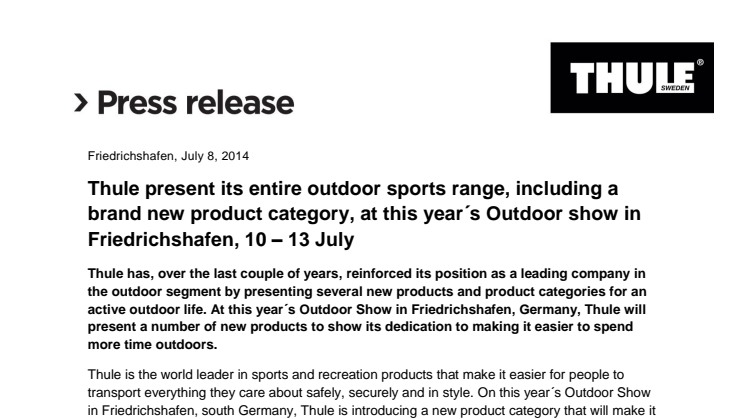 Thule present its entire outdoor sports range, including a brand new product category, at this year´s Outdoor show in Friedrichshafen, 10 – 13 July
