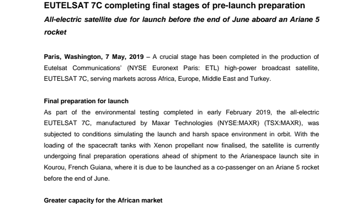 EUTELSAT 7C completing final stages of pre-launch preparation