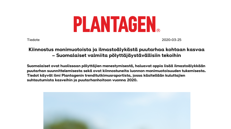 Kiinnostus monimuotoista ja ilmastoälykästä puutarhaa kohtaan kasvaa – Suomalaiset valmiita pölyttäjäystävällisiin tekoihin 