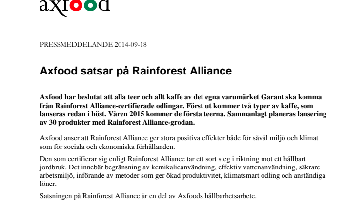 Axfood satsar på Rainforest Alliance