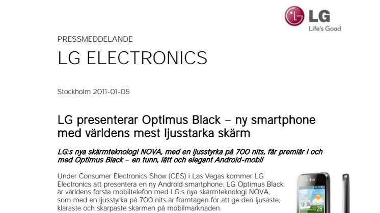 LG presenterar Optimus Black – ny smartphone med världens mest ljusstarka skärm  