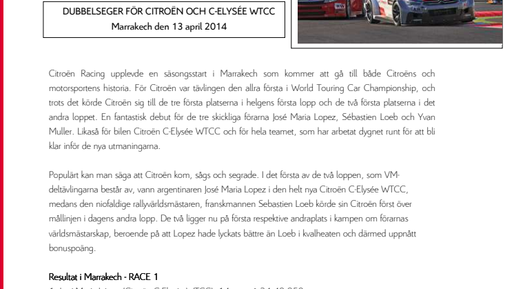 CITROËN PÅ TOPP I WTCC-PREMIÄREN