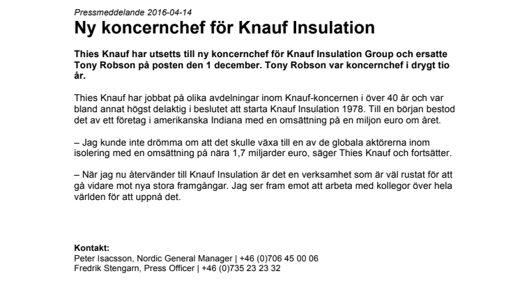 Ny koncernchef för Knauf Insulation 