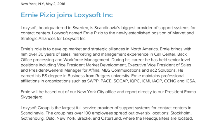 Ernie Pizio joins Loxysoft Inc