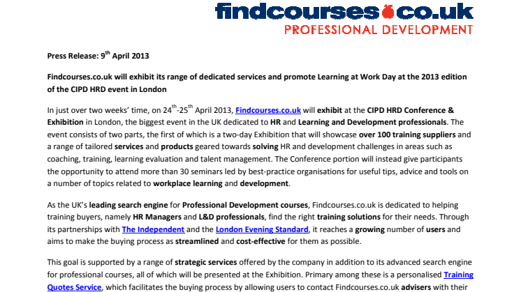 Findcourses.co.uk to participate in the 2013 CIPD HRD Exhibition