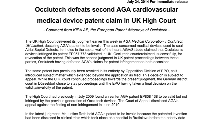 Occlutech defeats second AGA cardiovascular medical device patent claim in UK High Court