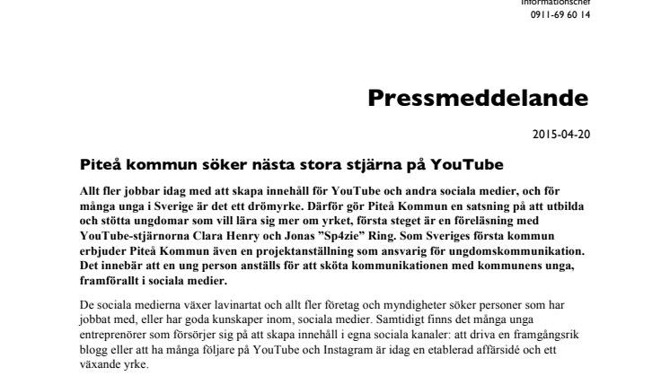 Piteå kommun söker nästa stora stjärna på YouTube