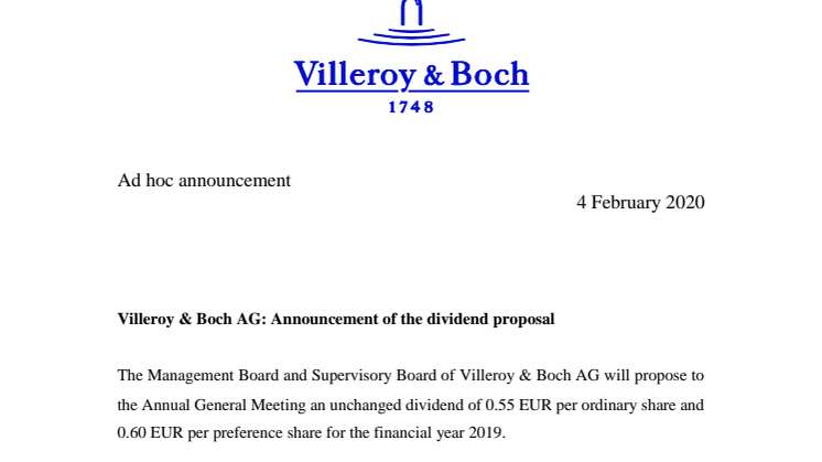 Villeroy & Boch AG: Announcement of the dividend proposal