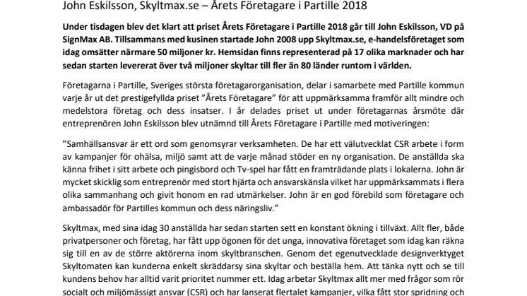 John Eskilsson, Skyltmax.se – Årets Företagare i Partille 2018