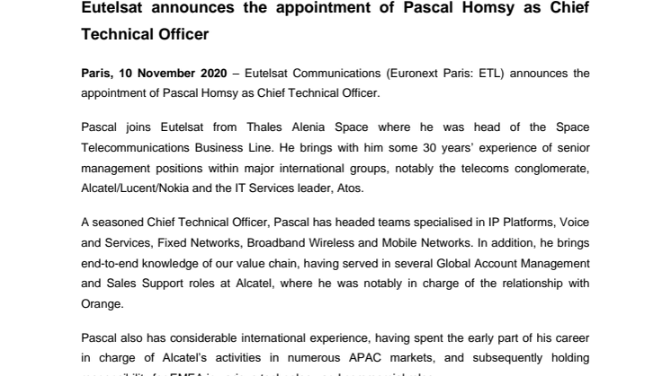 Eutelsat announces the appointment of Pascal Homsy as Chief Technical Officer