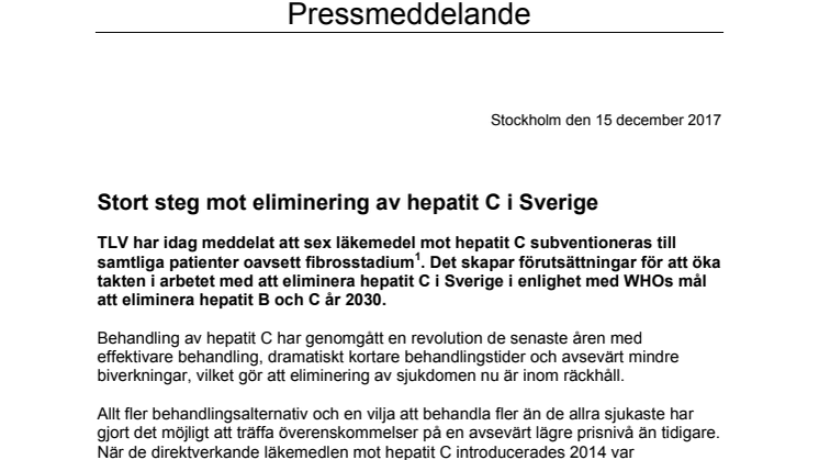 Stort steg mot eliminering av hepatit C i Sverige