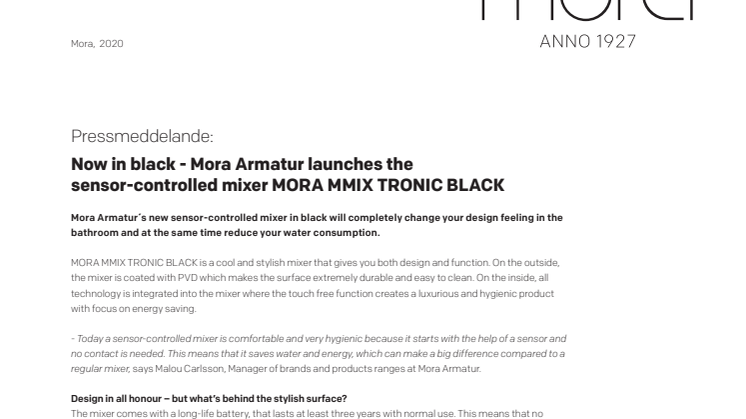 Now in black - Mora Armatur launches the sensor-controlled mixer MORA MMIX TRONIC BLACK