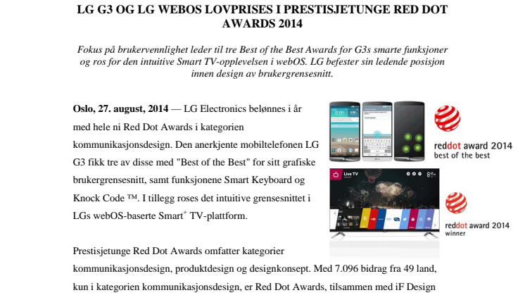 LG G3 OG LG WEBOS LOVPRISES I PRESTISJETUNGE RED DOT AWARDS 2014