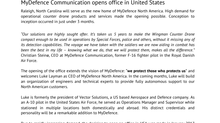 MyDefence Communication opens office in United States