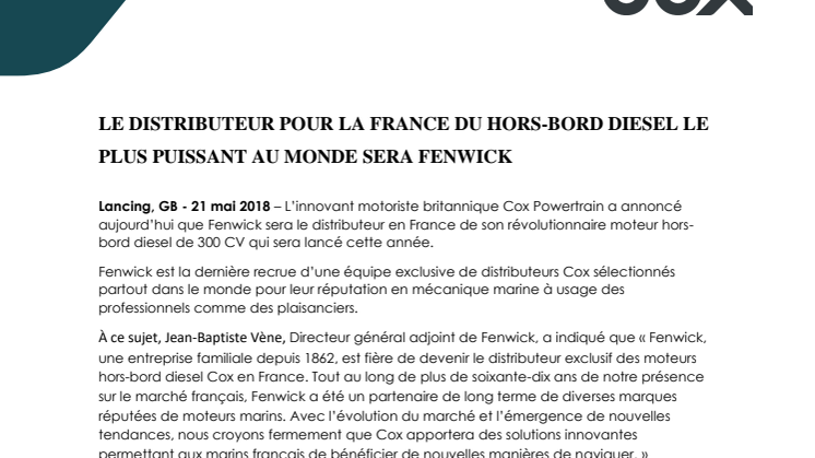 Cox Powertrain: Le Distributeur pour la France du Hors-Bord Diesel le Plus Puissant au Monde Sera Fenwick