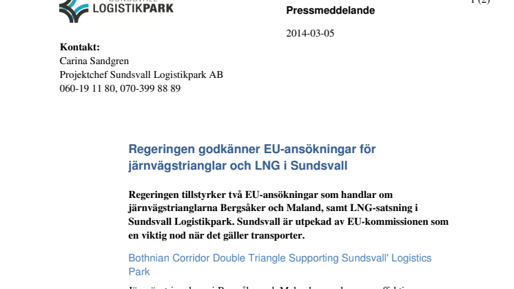 Regeringen godkänner EU-ansökningar för järnvägstrianglar och LNG i Sundsvall