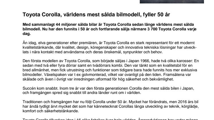 Toyota Corolla, världens mest sålda bilmodell, fyller 50 år