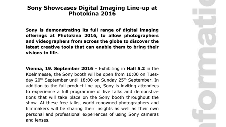 Sony Showcases Digital Imaging Line-up at Photokina 2016