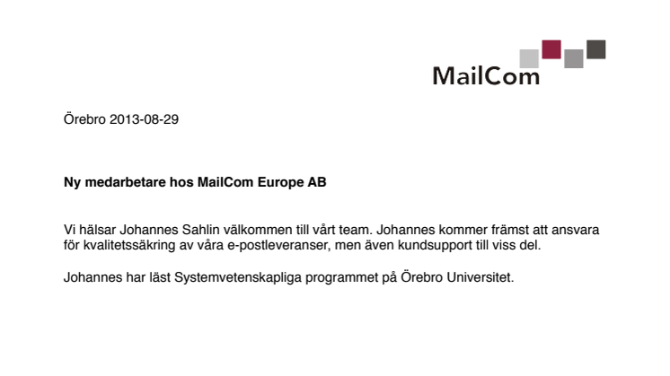 Ny medarbetare hos MailCom Europe AB