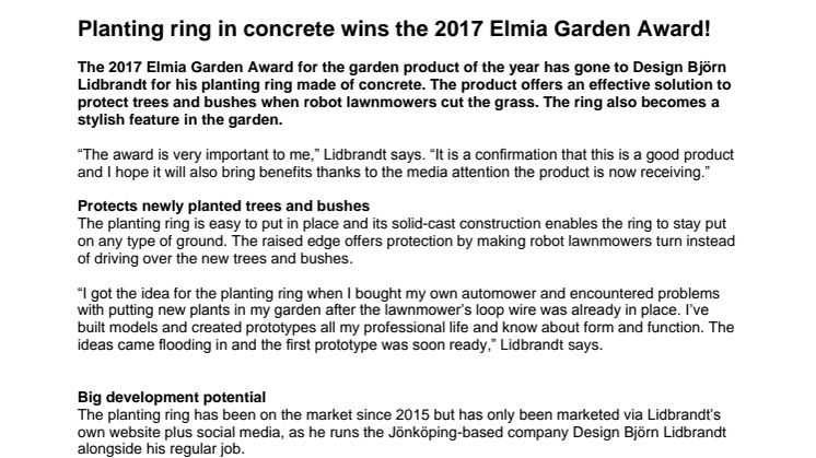 Planting ring in concrete wins the 2017 Elmia Garden Award! 