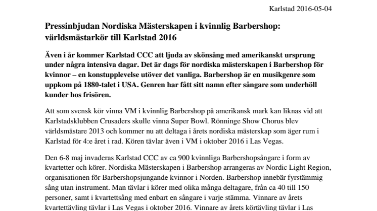 Pressinbjudan Nordiska Mästerskapen i kvinnlig Barbershop: världsmästarkör till Karlstad 2016