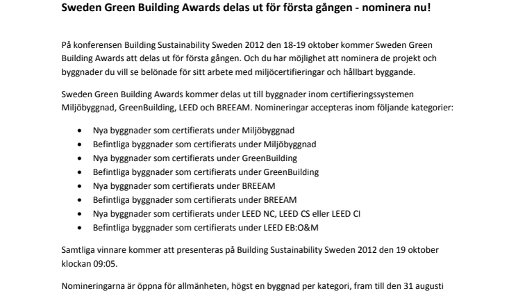 Sweden Green Building Awards delas ut för första gången - nominera nu!