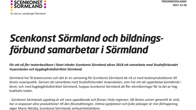 Scenkonst Sörmland och bildningsförbund samarbetar i Sörmland