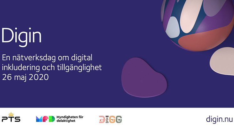 Bild med texten Digin - En nätverksdag om digital inkludering och tillgänglighet 26 maj 2020 samt logotyper för PTS, MFD och DIGG