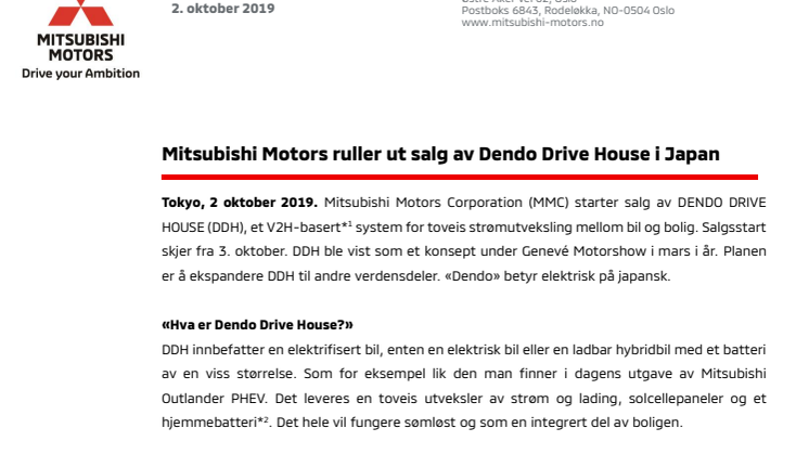 Mitsubishi Motors ruller ut salg av Dendo Drive House i Japan