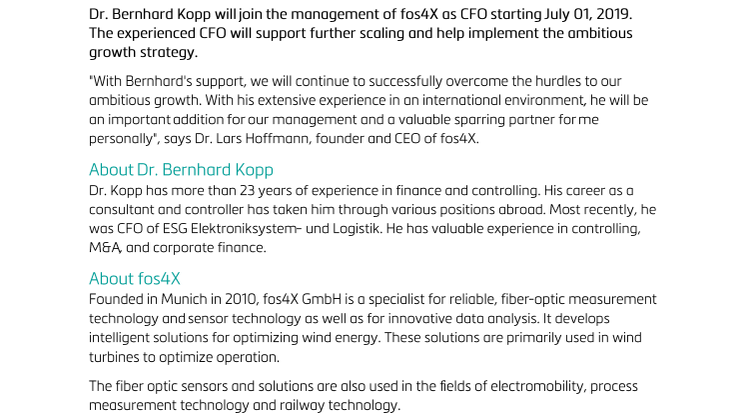 Dr. Bernhard Kopp appointed new Chief Financial Officer (CFO) of fos4X