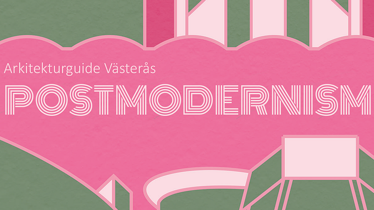 Detaljbild från omslaget till Arkitekturguide Västerås postmodernism. Guiden är formgiven av Robin Julin, stadsbyggnadsförvaltningen, Västerås stad.