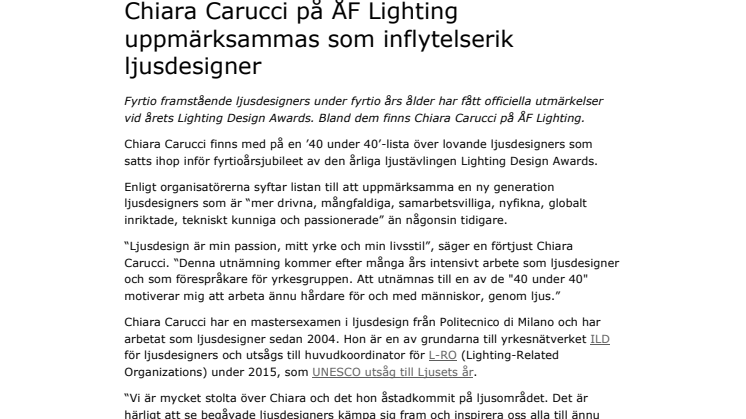 Chiara Carucci på ÅF Lighting uppmärksammas som inflytelserik ljusdesigner