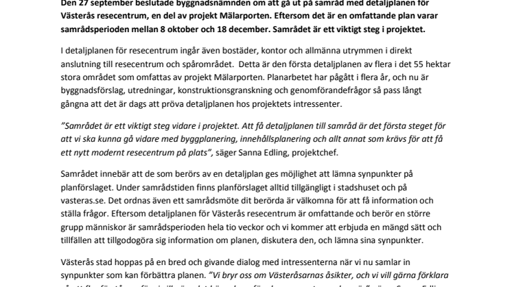 Pressinbjudan: Detaljplanen för Västerås nya resecentrum äntligen på samråd