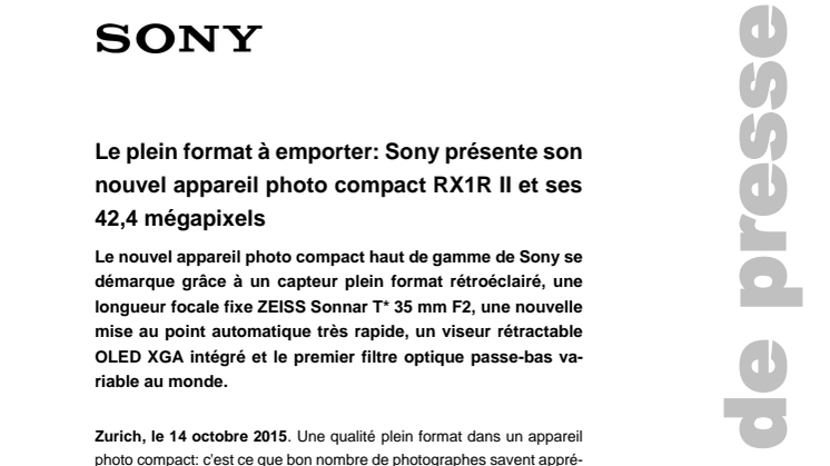 Le plein format à emporter: Sony présente son nouvel appareil photo compact RX1R II et ses 42,4 mégapixels