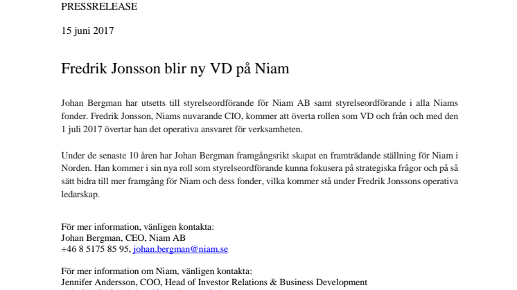 Fredrik Jonsson blir ny VD på Niam