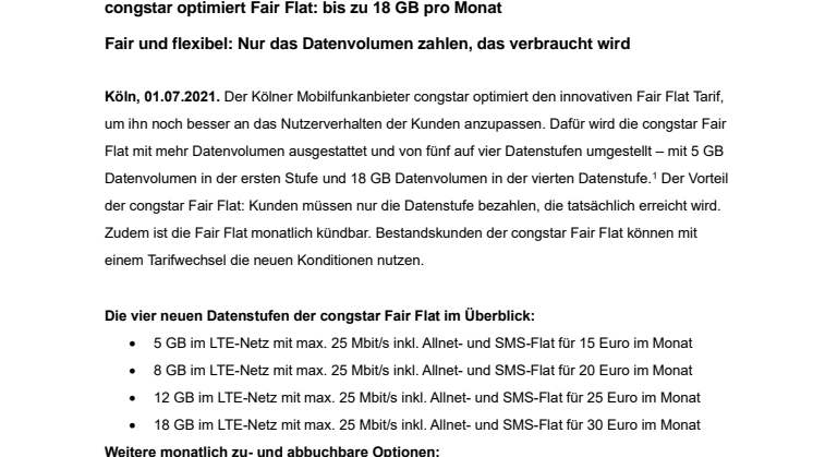 congstar optimiert Fair Flat: bis zu 18 GB pro Monat