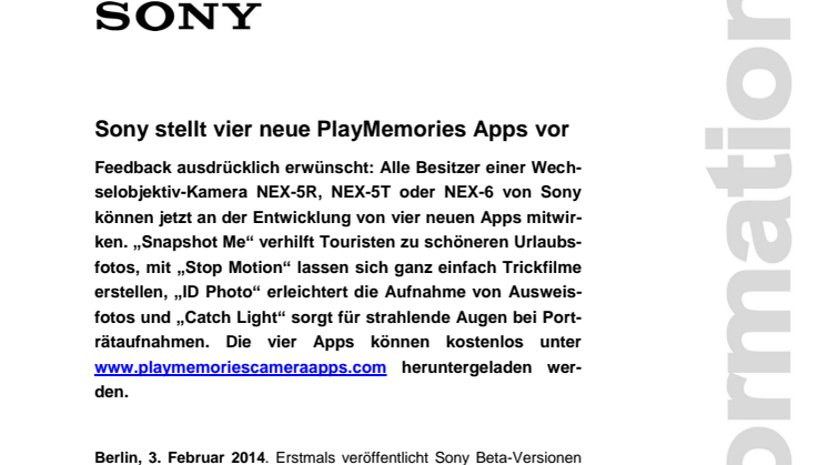 Sony stellt vier neue PlayMemories Apps vor
