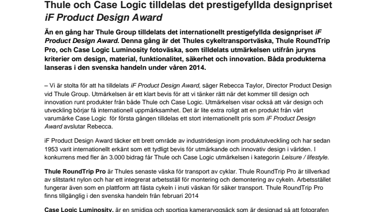Thule och Case Logic tilldelas det prestigefyllda designpriset iF Product Design Award