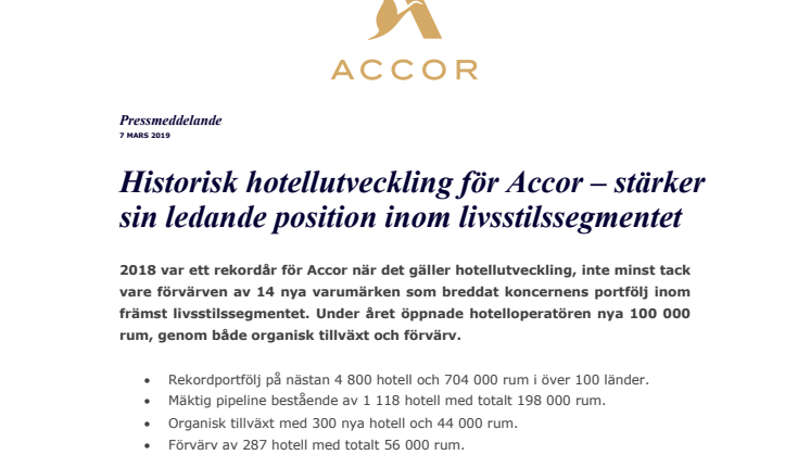 Historisk hotellutveckling för Accor – stärker sin ledande position inom livsstilssegmentet